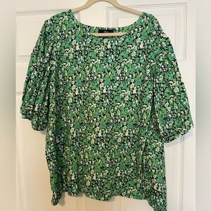 ellos Green and Black Floral Puff-Sleeve Blouse